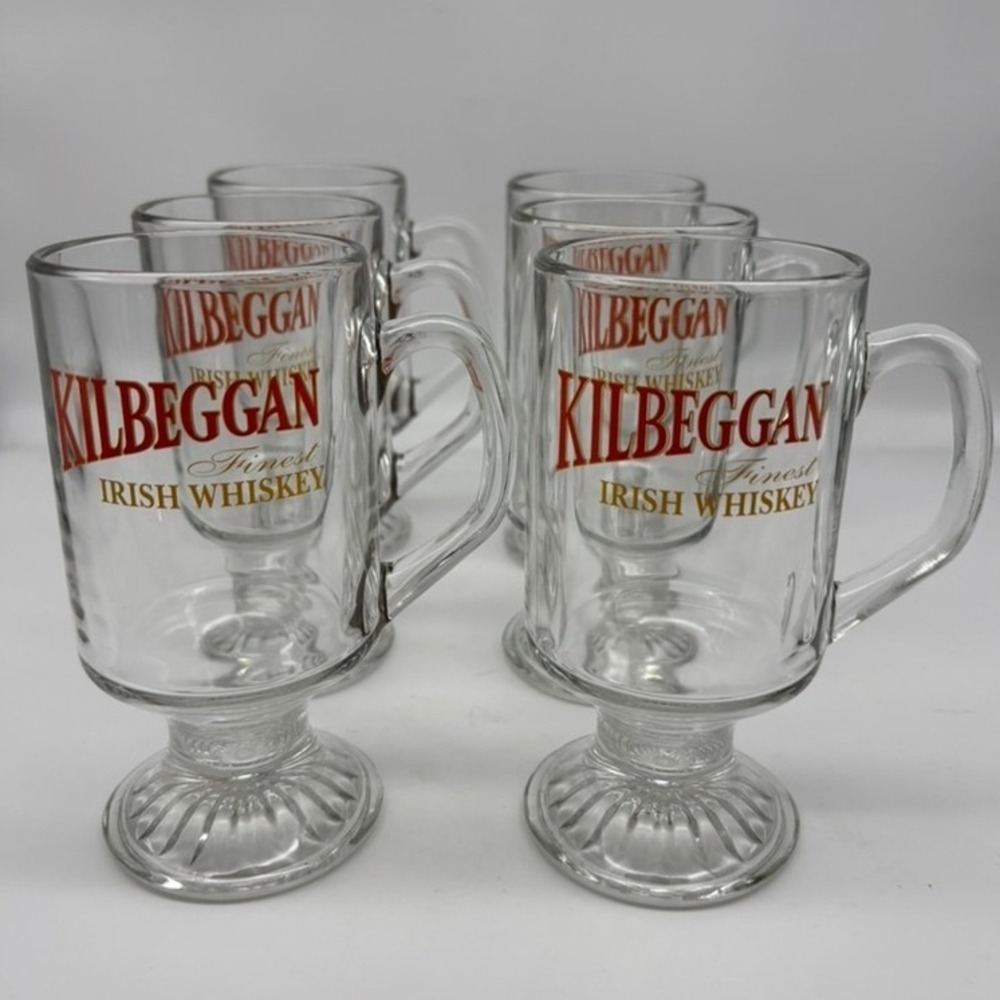 Kilbeggan Irish Whiskey Footed Glass Mugs Set of 6 Clear Red Logo Bar
